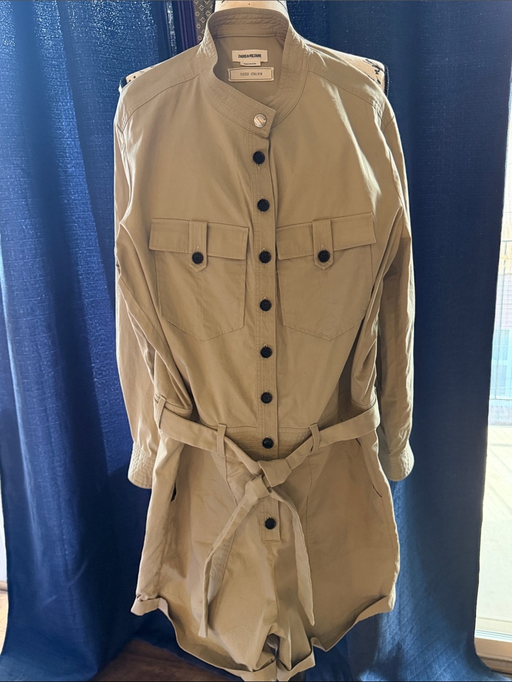 Zadig & Voltaire KhakiUtility l/s Romper with Tie Waist